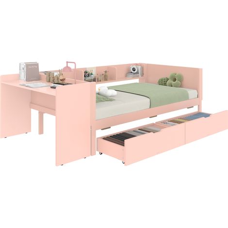 Lit 90x200 avec bureau, 2 tiroirs, étagères et barrière de sécurité, bois de pin et panneau de particules, rose, sans matelas, pour chambre enfant - CHICFURN (1/5)
