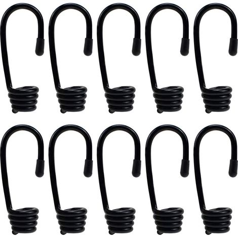 Lot de 12 crochets spiralés plastifiés pour cordons élastiques et sangles - Noir