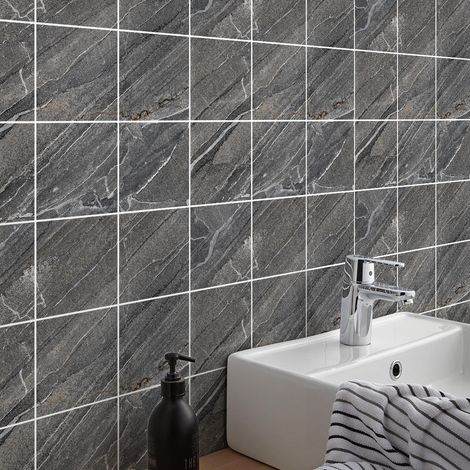 Sticker Mural Carrelage adhésif Cuisine Salle de Bain - 9 STICKERS CARREAUX DE CIMENT MABRE GRIS DE BORMLA - 9stickers15x15cm (1/4)