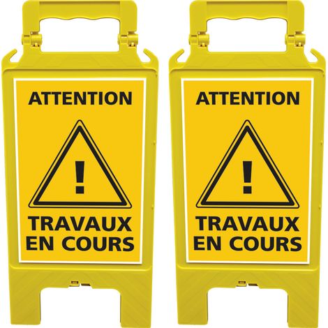 Lot de 2 chevalets attention travaux en cours, Balise de signalisation travaux - Chevalet jaune