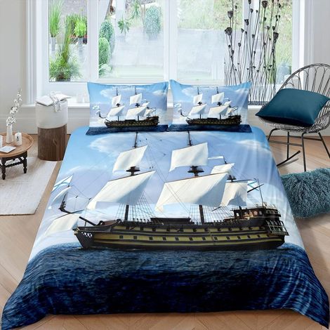 Ensembles Nautiques de Housse de Couette Voilier Imprimé Parure de Lit 200x200cm Housse de Couette sur Le thème de l'océan pour Enfants Enfants Microfiber Sea Adventure Décor de Chambre - 200x200cm (1/5)