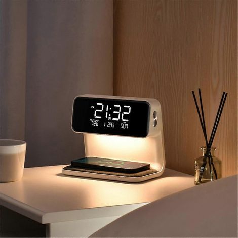 Réveil avec chargeur sans fil et éclairage, station de charge pour réveil numérique à intensité variable, idéale pour la chambre, le chevet ou le bureau.