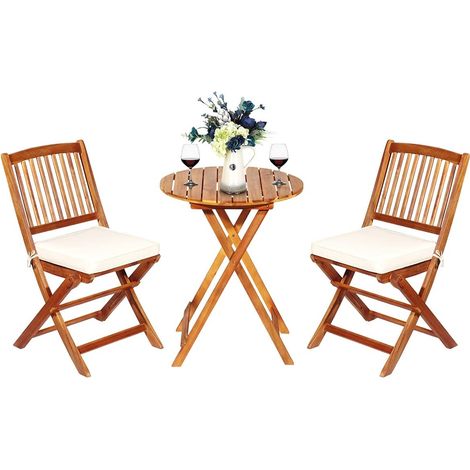 COSTWAY 3-TLG. Klappbares Balkonset mit rundem Tisch & 2 Stühlen, mit Kissen, aus Akazienholz, Gartenmöbel-Set, Garten Sitzgruppe für In & Outdoor (1/5)