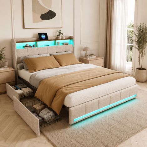 Lit double 140x190 cm avec 4 tiroirs de rangement,Tête de Lit Capitonné avec LED et USB, Sommier à lattes en bois, Tissu en lin,Beige (1/5)