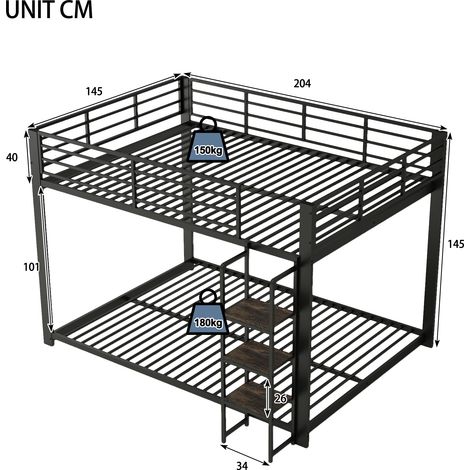 Lit superposé métallique 140x200 cm avec échelle en bois et étagère, lit double stable pour enfants et adolescents, noir (1/5)