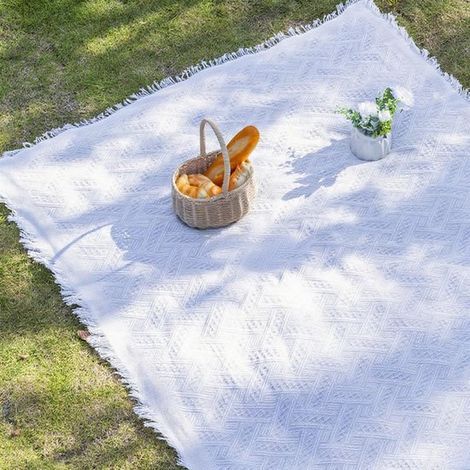 Couverture de pique-nique – 90x150 cm – Blanche – Imperméable – Imprimé boho – Plage et parc (1/5)