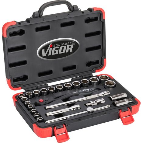 VIGOR Steckschlüssel Satz, 1/2 (12,5 mm) Vierkant hohl, Außen Sechskant Profil, 25-tlg., 10 - 32, Anzahl Werkzeuge: 25