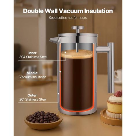 Caffettiera a pressa francese da 1,5 litri in acciaio inox, a doppia parete isolata, con filtro incluso, ideale per caffè freddo, grande capacità, colore argento - ALTRO (1/4)
