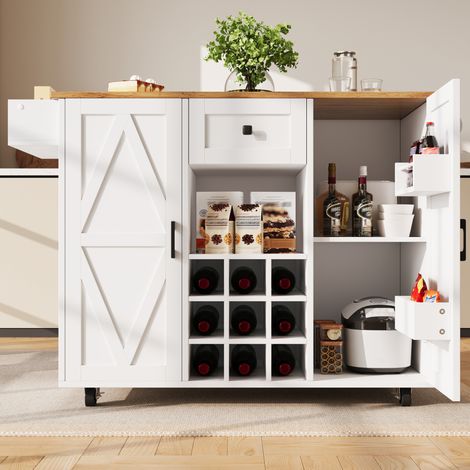 Isla de cocina plegable con almacenaje 137,5 x 40/65 x 95,6 cm blanco, MDF y metal DESVIAE (1/5)