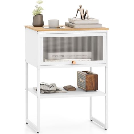 COSTWAY Mesita de Noche, Mesa Auxiliar de 3 Niveles con Asa, Puerta de Vidrio Abatible y Estante de Almacenamiento, Mesilla de Noche Moderna Compacta para Sala de Estar, Dormitorio (Blanco) (1/5)