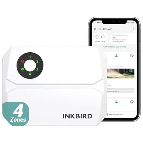 Programmateur Arrosage WiFi 4 Voies, Minuteur Automatique pour Jardin, Minuterie Irrigation Intelligent Contrôle APP, Fonction Mémoire, Ajustement Saisonnier Blanc. -