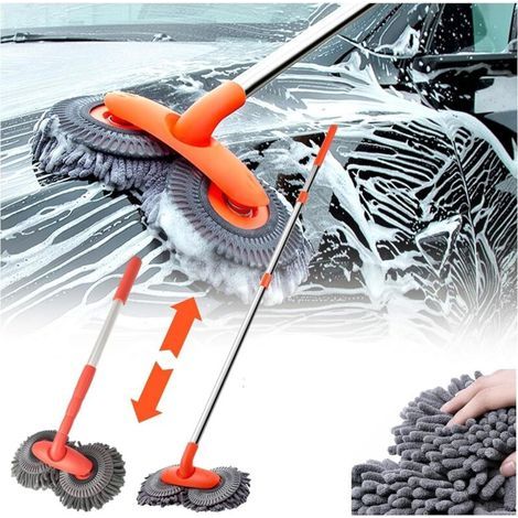Brosse de lavage de voiture en microfibre – 2 têtes rotatives 360° – Long manche ajustable – Tissu doux pour carrosserie (1/5)