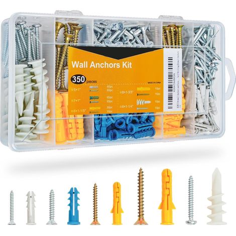 Coffret de visserie et fixation pour plaques de plâtre 350 pièces – Assortiment de vis à bois autotaraudeuses cruciformes zinguées avec chevilles murales à expansion et chevilles autoforeuses, 5 forma (1/2)