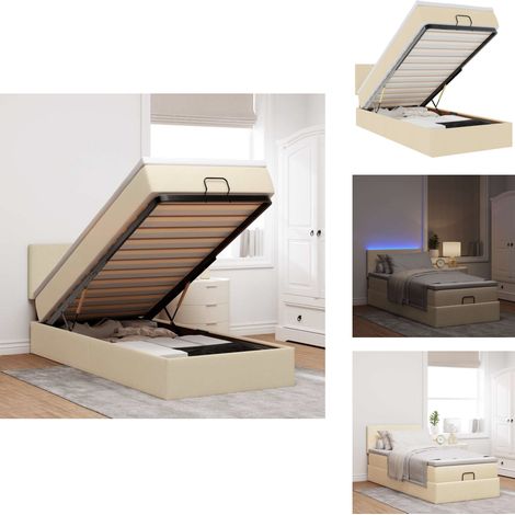 The Living Store Lit ottoman avec matelas crème 100x200 cm tissu - Rangement sous lit (1/5)