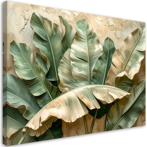 Quadro su tela, foglie tropicali verdi e beige - 60x40 (1/2)