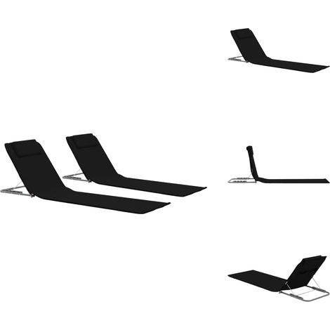 Tapis de plage pliables 2 pcs Acier et tissu Noir - Chaise Longue Pliable - Transats De Jardin - Mobilier De Jardin - Chaises Longues - Piscine (1/5)