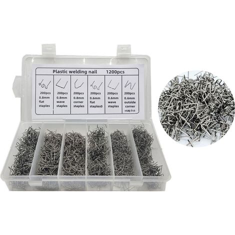 1200 clous de réparation et de soudage en plastique pour pare-chocs de voiture, en boîte, quantité suffisante, adaptés aux réparations par clouage à chaud et fil de soudage sur les voitures. (1/5)