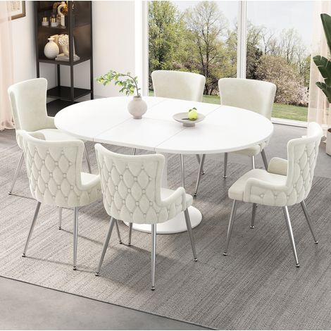 Set di 6 sedie da sala da pranzo in velluto con 4 gambe in metallo dorato, beige (1/5)
