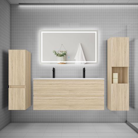 Ensemble meuble de salle de bains 120cm, vasque et colonne et LED miroir,chêne (1/5)