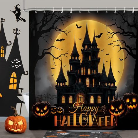 CCYKXARideau de Douche Halloween, Rideau de Baignoire Château Lune Pleine Chauve-Souris 180x180cm Polyester Imperméable Résistant à la Moisissure12 Crochets (1/5)