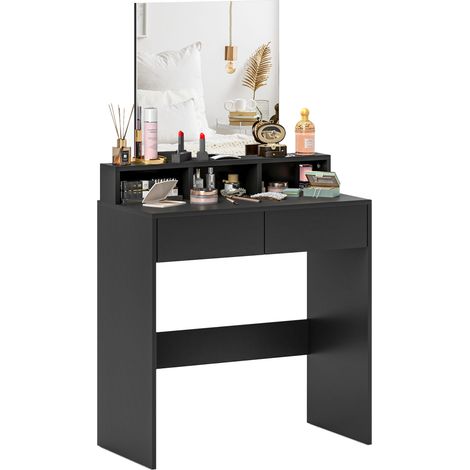 Coiffeuse noire 75x38x135 cm avec miroir, 2 tiroirs et 3 compartiments, meuble design sobre pour chambre pratique et organisé