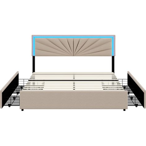 Dans Les Nuages – Lit double capitonné 160x200 cm – Tissu lin beige – Éclairage LED télécommandé – 4 tiroirs de rangement – Style scandinave moderne