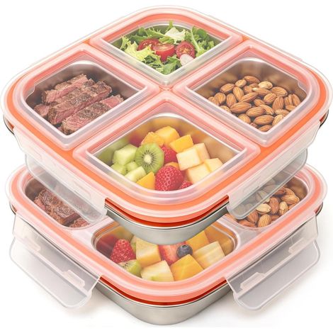 2 Pièces Lunch Box Inox, Bento Lunch Box avec Compartiments, Boite Alimentaire Inox Étanche pour Meal Prep, Bento Box avec Couvercle pour École Bureau Pique Nique Camping(600 ml)