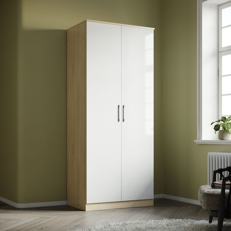 ELEGANT Modern High Gloss Soft Close 2 Doors Wardrobe with Metal Handles Includes a removable hanging rod and storage shelves, White/Oak