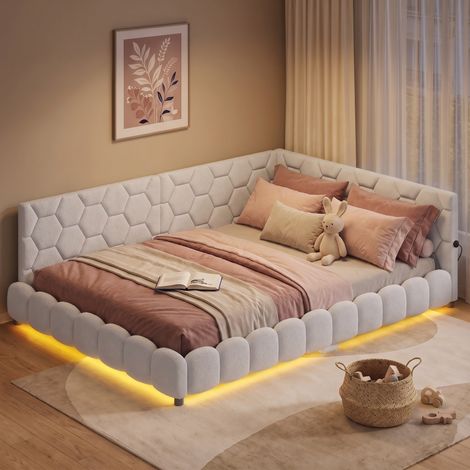 Lit adulte 140x200 cm avec tête de lit en L, lit double capitonné avec éclairage LED et ports USB/Type-C, tissu bouclette,Blanc (1/5)