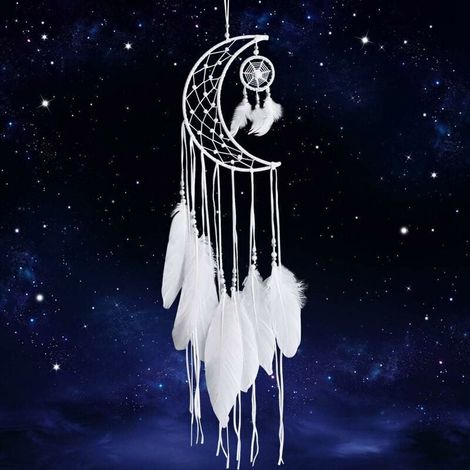 Blanc Attrape-rêves Main Lune Conception avec Plumes Dream Catcher Tenture Murale Décoration de La Maison Ornement Festival Artisanat Cadeau (lune Blanc) (1/4)