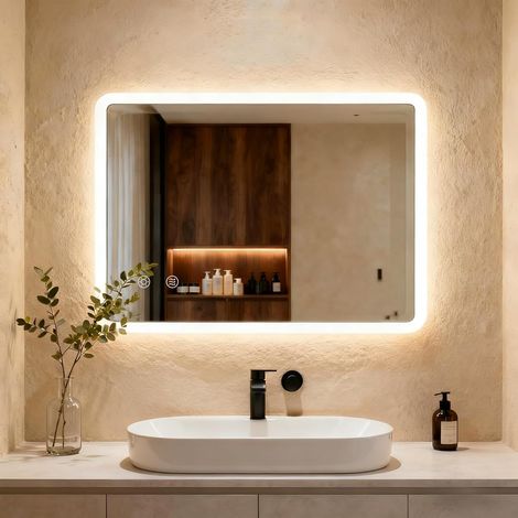 Miroir de Salle de Bain avec éclairage 70 x 50 cm, Miroir LED avec 3 Couleurs de lumière à intensité Variable, Verre trempé et Bord Mat, Interrupteur Tactile, Fonction mémoire, Anti-buée (1/5)