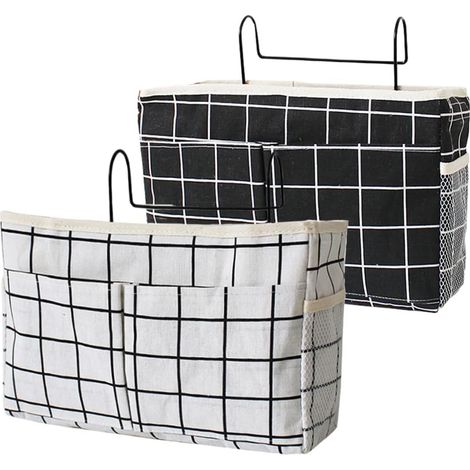 2-teiliges Betttaschen-Set, wasserdichtes Canvas-Bettregal, hängender Nachttischkorb, Betttasche für Zuhause, Büro, Schule (Schwarz + Weiß kariert)