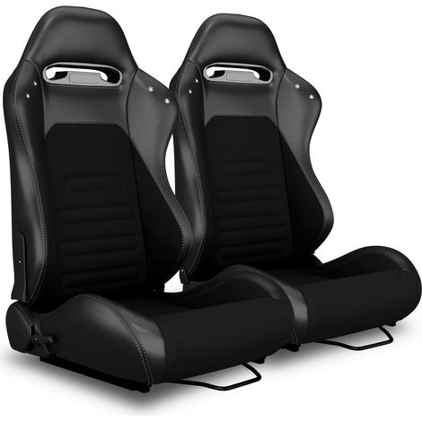 Sièges de course universels 2 pièces en cuir PVC noir et tissu suède, inclinables avec curseur ajustable, aspect carbone, gris/noir