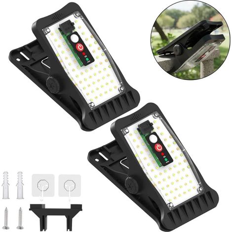 Luci solari da esterno, 2 luci solari a clip con sensori di movimento, 70 LED e 3 temperature di colore, adatte per illuminare giardino, recinzione e fossato. (1/4)