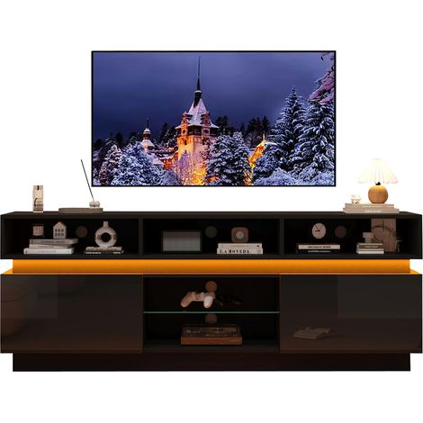 Meuble TV 160×35×60 cm Noir Brillant, Support TV avec Étagère Verre Trempé, Éclairage LED, Structure MDF, Compatible TV 60 Pouces (1/4)