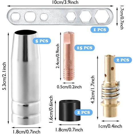 Kit di usura da 25 pezzi per saldatrici a gas inerte, accessori per torcia di saldatura adatti per AK-15/MB-15, 5 ugelli per gas, 15 ugelli di contatto M6 da 0,8 mm, 2 aste per ugelli, 2 isolatori (1/4)