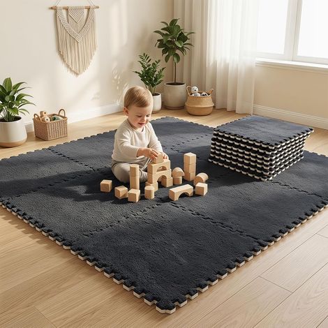 12 pièces de tapis de puzzle en peluche interconnectées, 30 x 30 cm tapis de puzzle en mousse pour le sol, tapis de puzzle pour bébé, tapis en carreaux en mousse pour le sol, tapis en carreaux pour (1/5)