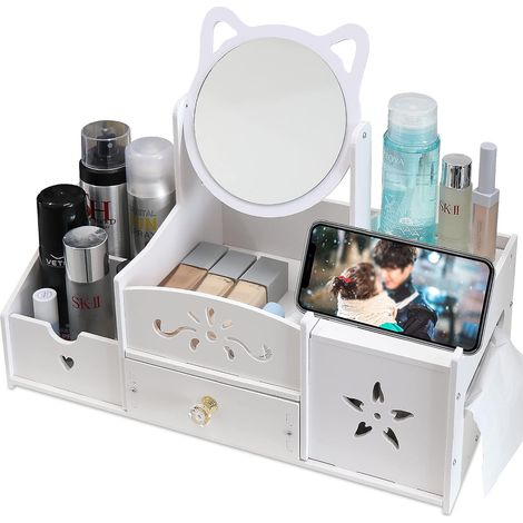 Organizador multifuncional blanco con espejo redondo integrado, ideal para el dormitorio o el baño. (1/5)