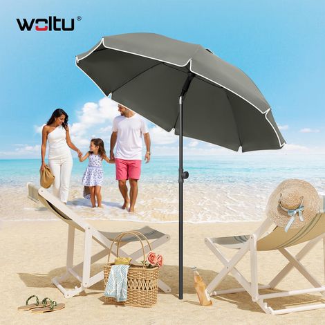 WOLTU Sonnenschirm φ135 cm, UV Schutz 50+ Strandschirm, Höhenverstellbar Knickbar, Gartenschirm mit Tragetasche,  für Balkon/Garten/Strand, Dunkelgrau