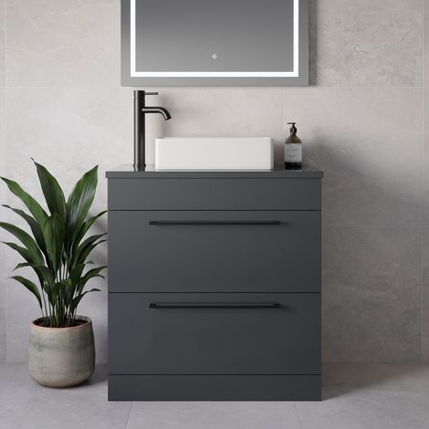 Napoli 390 Gloss Grey 800mm 2 Drawer Vanity Unit for Countertop Basins - 800mm - Matt Black 480mm Handle