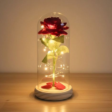 Rose sous dôme en verre La Belle et la Bête, rose soie rouge, cadeau Fête des Mères Saint-Valentin anniversaire pour femme (1/5)