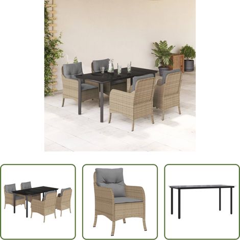 Gartenstuhl - 5-tlg. Garten-Essgruppe mit Kissen Beige Poly Rattan (1/5)