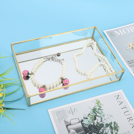 Boîte de Rangement Vintage en Métal et Verre pour Bijoux et Cosmétiques - Grand Format Plateau Doré (1/5)