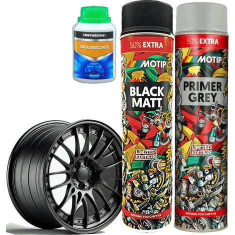 Kit professionale per cerchi: 2 bombolette spray da 600 ml di primer + nero opaco + solvente. (1/3)
