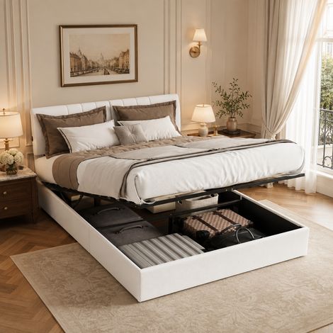 Lit coffre 160×200 cm,rangement hydraulique,lit double capitonné avec ports USB,cadre de lit 160×200,tête de lit réglable,style moderne,sommier à lattes,lit adulte,lit ados,Peluche,Beige