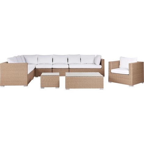 Conjunto de jardín 9 plazas de ratán sintético con sofá cojines blancos beige arena XXL (1/5)