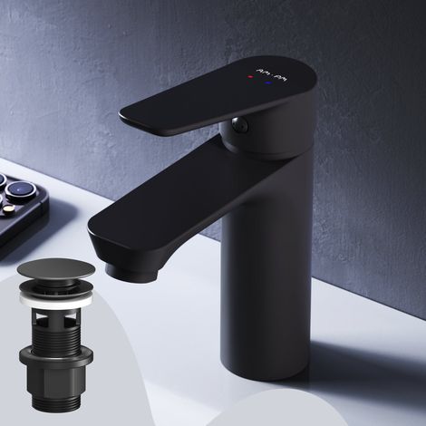 AM.PM Badarmatur mit Pop-Up Ablaufventil für Waschbecken Wasserhahn Bad Schwarz Waschtischarmatur mit Ablaufgarnitur 1 1/4 Zoll Messing Ventil Ablauf (1/5)