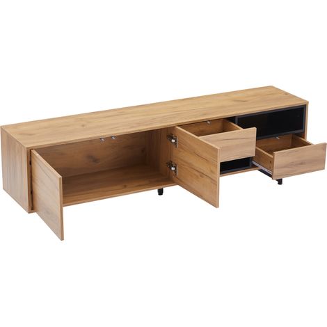 Meuble TV bas, fonctions de rangement multiples, panneau de particules couleur bois, rangement ouvert avec étagères en escalier, convient aux TV jusqu'à 70 pouces, 173 x 38 x 48 cm (1/5)