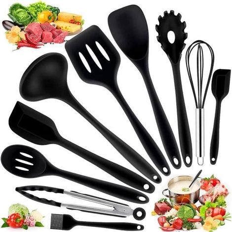 Ustensiles de Cuisine - en Silicone - 10PCS - Sans BPA - Antiadhésive - Noir - Résistante à la Chaleur -