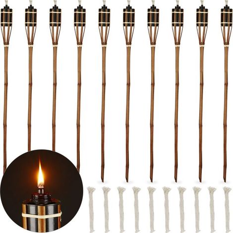 Lot de 10 torches à huile en bambou 90 cm Éclairage extérieur décoratif Mèches de rechange incluses Réservoir métal pour huile (1/5)